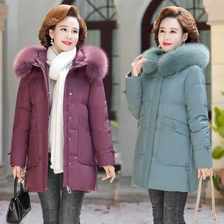 雪中飞羽绒服女2023新款冬季中长款连帽简约大毛领中老年妈妈装图片