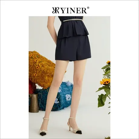YINER音儿专柜女装2022夏季新款通勤褶皱钉珠休闲款裤图片
