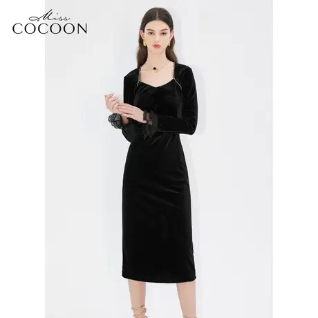 misscCOCOON优雅气质2023年冬新女腰部抽皱开叉浪漫连衣裙图片