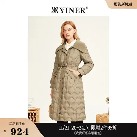 YINER音儿线上专选女装冬季长款翻领加厚衍绣格纹白鸭绒羽绒服图片