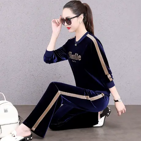 金丝绒直筒裤套装女春秋2024年新款时尚圆领休闲运动服垂感两件套图片