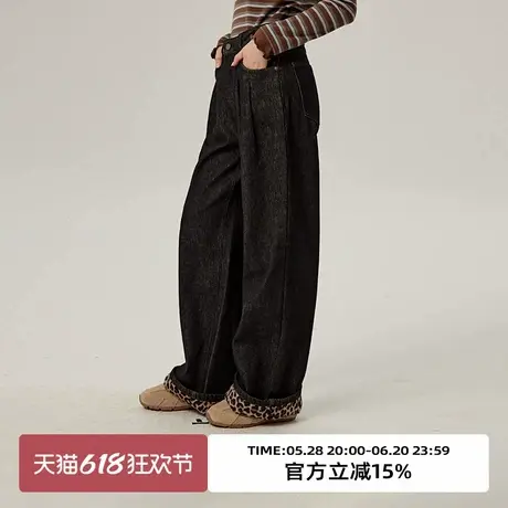 omont蛋挞家复古豹纹绒阔腿牛仔裤冬季高腰显瘦黑色直筒裤子图片