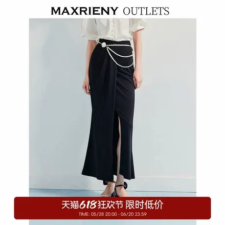 【奥莱】MAXRIENY复古抽褶半裙黑色开叉高腰中长裙图片