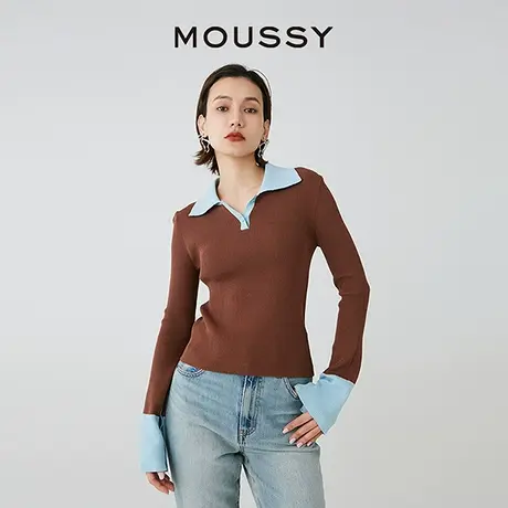 MOUSSY 新品简约通勤拼色翻领打底针织衫小上衣女028HS470-0030图片