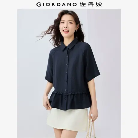 佐丹奴衬衫女装仿麻棉荷叶边下摆插肩中袖梭织衬衫 13345317图片
