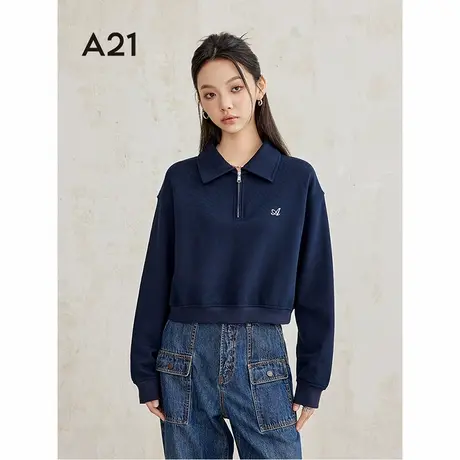 A21女装拉链半开翻领卫衣2024秋季新款宽松落肩长袖短款显瘦上衣图片