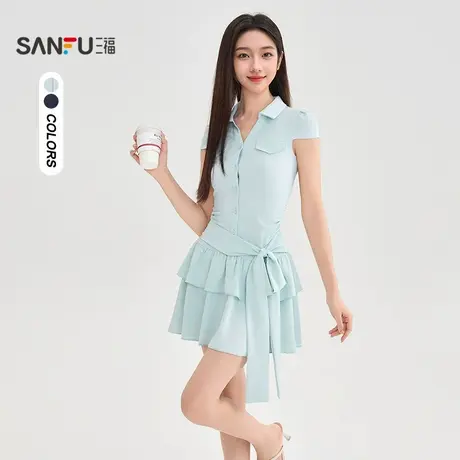 三福连衣裙2025夏季绑带收腰A摆衬衫裙连身蛋糕裙女装506579图片