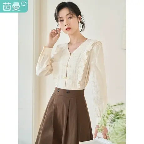 茵曼新中式衬衫女春装2023装新款时尚盘扣V领拼接宽松木耳边衬衣图片
