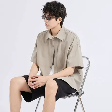 唐狮2025夏季男短袖衬衫简约纯色翻领开衫上衣日系工装衬衣潮6.9图片
