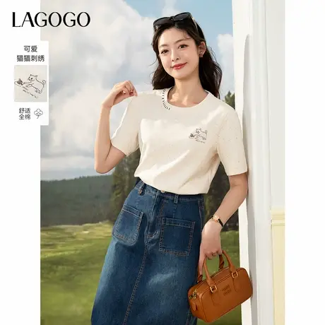 LAGOGO猫咪刺绣纯棉米白色T恤女士拉谷谷2025年新款夏日短袖上衣图片