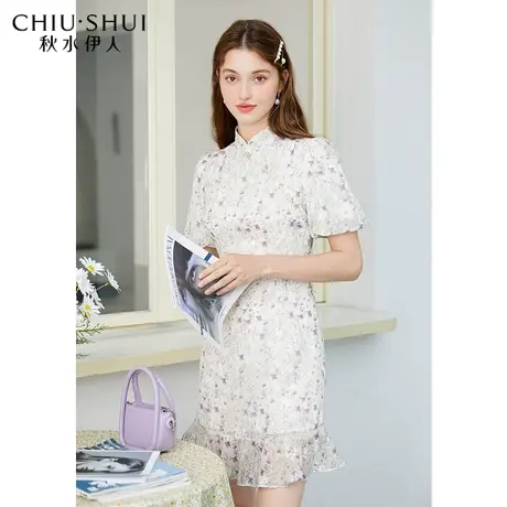 秋水伊人简约连衣裙2021夏季新款时尚印花泡泡袖荷叶边中长裙女图片