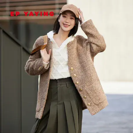 [环保皮草]EP雅莹女装 无领式羊驼毛短款泰迪大衣 2023秋冬8430A图片