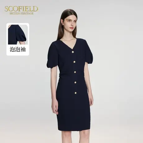 Scofield女装肌理感泡泡袖连衣裙气质V领短袖收腰裙夏季裙子图片