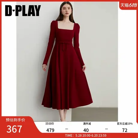 DPLAY冬季新款法式红色方领蝴蝶结设计感长袖长款连衣裙女图片
