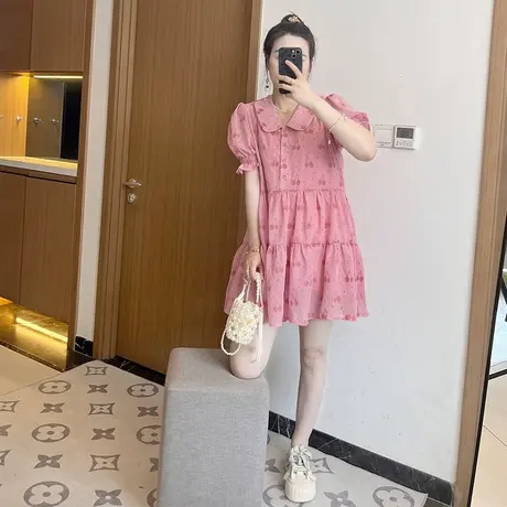 泡泡袖粉色连衣裙女2024夏季新款小个子气质显瘦小粉裙大码胖mm图片