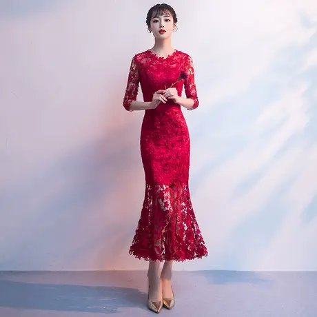 鱼尾敬酒服新娘2024新款夏季平时可穿酒红色结婚订婚回门礼服长袖图片