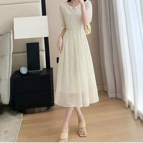 首尚格释2025夏季新品时尚优雅圆领修身气质显瘦A字雪纺连衣裙女图片