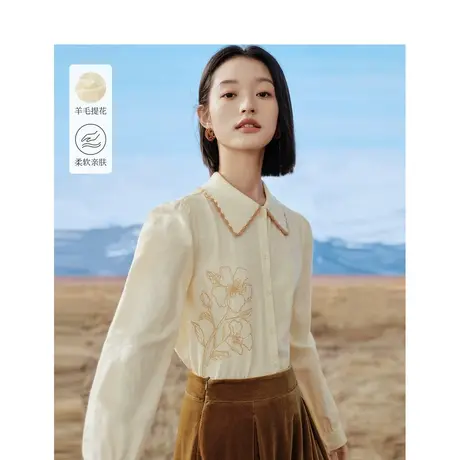 茵曼毛织翻领衬衣2023冬季女装新款原创珠片绣花朵长袖显瘦上衣图片