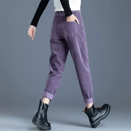 紫色条绒裤子女秋冬2023新款老爹哈伦裤灯芯绒女裤加绒休闲萝卜裤图片