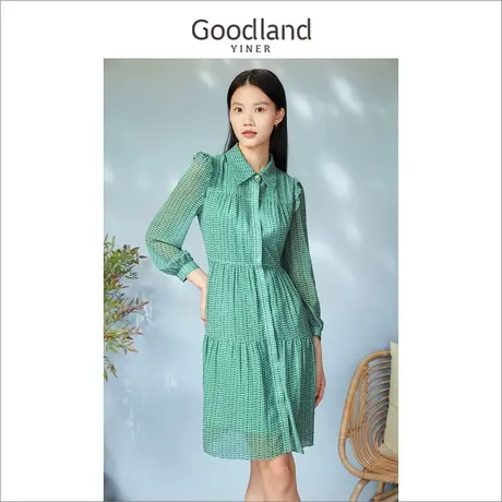 Goodland美地女装2023春季别致绿色印花娃娃领连衣裙气高级感图片