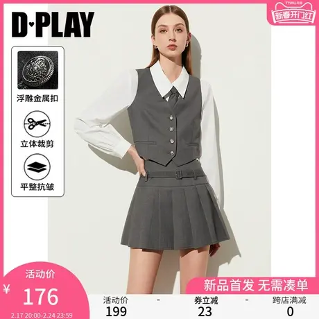 DPLAY春通勤灰色V领直身大身袋唇装饰单排扣背心马甲上衣女图片
