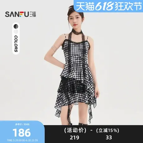 三福连衣裙2025夏季拼蕾丝飘带格子不规则下摆裙子女装502204图片
