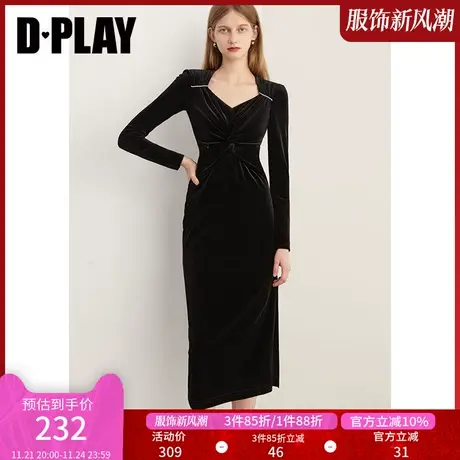 DPLAY冬赫本风经典黑设计感扭结闪钻丝绒连衣裙小黑裙礼服裙图片