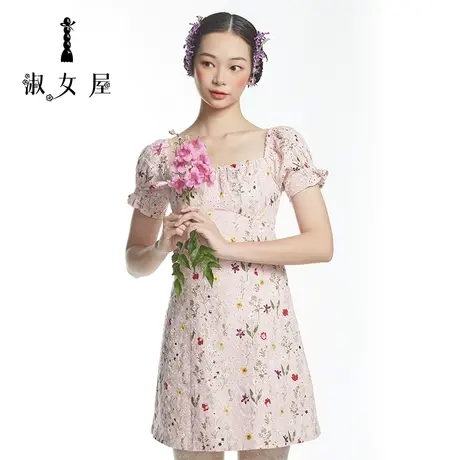 淑女屋夏季新品复古修腰复古方领优雅锁骨小A短裙摆连衣裙图片
