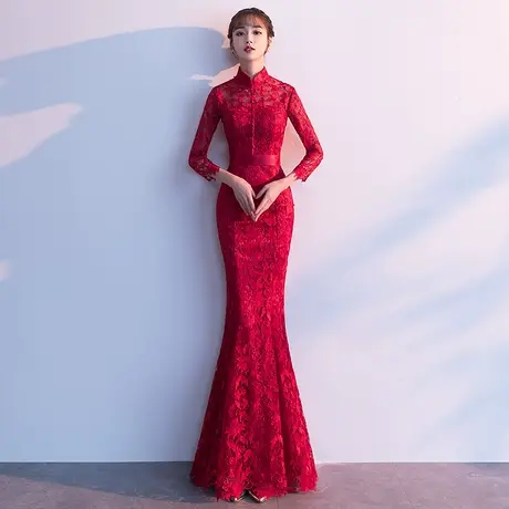 敬酒服新娘结婚新款酒红色结婚鱼尾礼服女现代订婚连衣裙修身长款图片