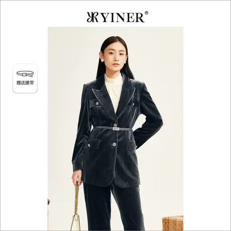YINER音儿女装2022冬新款修身西装领丝绒短外套图片