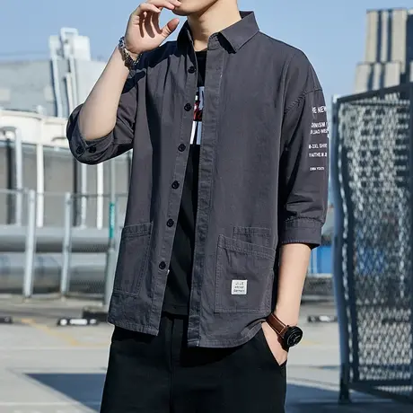 男士七分袖衬衫休闲宽松工装衬衣男外套夏季薄款男装夏装棉感短袖图片