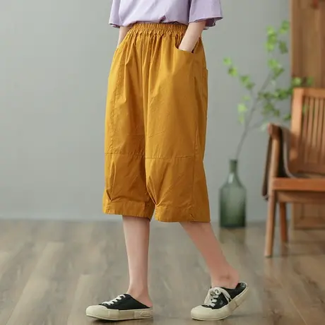 dza 高腰显瘦纯棉休闲裤女2023夏季五分中裤直筒裤宽松百搭阔腿裤图片