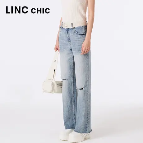 LINCCHIC金羽杰2023秋季新款复古蓝色中腰阔脚直筒裤破洞牛仔裤女图片