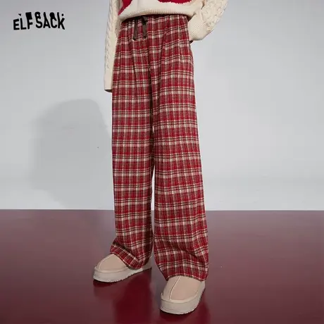 妖精的口袋红色宽松格纹休闲裤女2023年冬季新款直筒显瘦拖地裤子图片