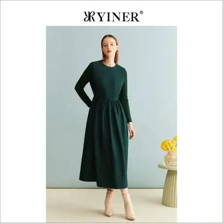 YINER音儿女装冬季法式通勤绵羊毛收腰墨绿色A字连衣裙图片