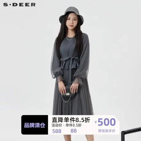 sdeer圣迪奥女装复古圆领风琴褶收腰网纱连衣裙S241Z1211图片