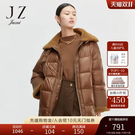 JUZUI玖姿2021冬季新款巧克力咖色颗粒绒拼接设计感外套女羽绒服图片