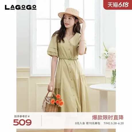 LAGOGO绿色气质减龄连衣裙女拉谷谷2025年夏季新款泡泡袖A字裙图片