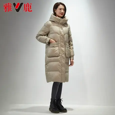 雅鹿连帽亮面羽绒服女中长款2022冬季新款宽松长过膝时尚保暖外套图片