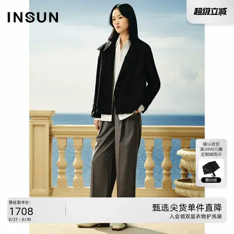 INSUN恩裳黑色短款羊毛风衣外套图片