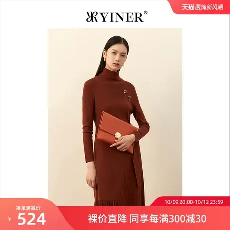 YINER音儿女装冬季新款褶饰高领羊毛针织连衣裙图片