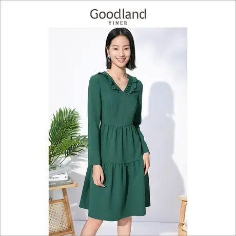Goodland美地女装冬季长袖气质原创设计荷叶边领收腰连衣裙图片