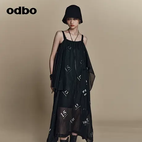 odbo/欧迪比欧原创设计荷叶边拼接印花吊带连衣裙女夏季新款图片
