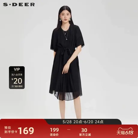 sdeer圣迪奥女装圆领绣花收腰雪纺中袖连衣裙S23261215图片