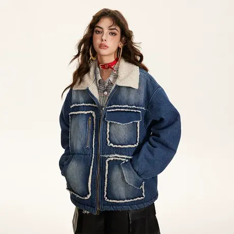 羊羔毛冬季加厚水洗牛仔外套新款工装棉服女复古宽松oversize棉衣图片