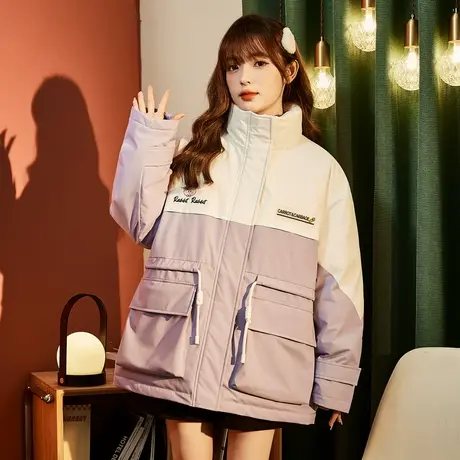 唐狮立领工装羽绒服女冬新款撞色拼接羽绒服一手长派克服厚外套图片