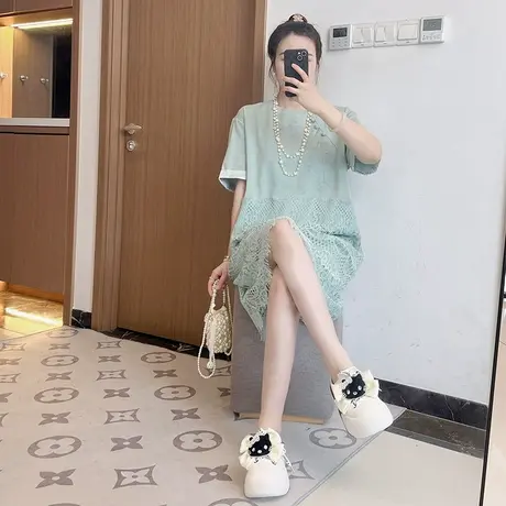 蕾丝拼接新中式假两件连衣裙女夏2025欧货宽松大码气质直筒裙胖mm图片