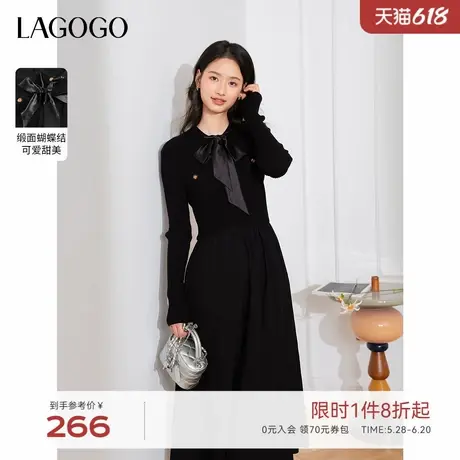 LAGOGO显瘦连衣裙女拉谷谷春秋新款蝴蝶结赫本风气质A字裙小黑裙图片
