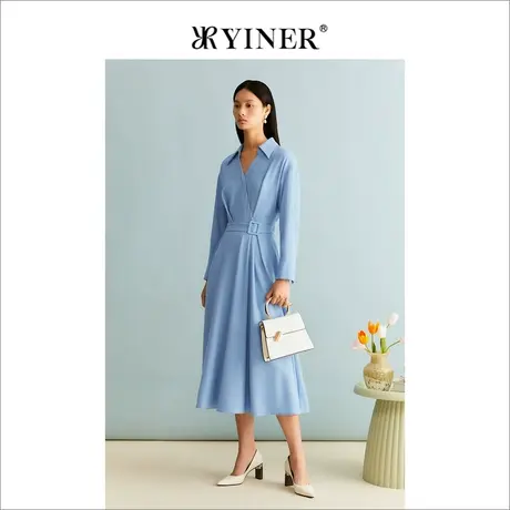 YINER音儿女装冬季法式优雅通勤海鸥领收腰羊毛毛呢连衣裙图片