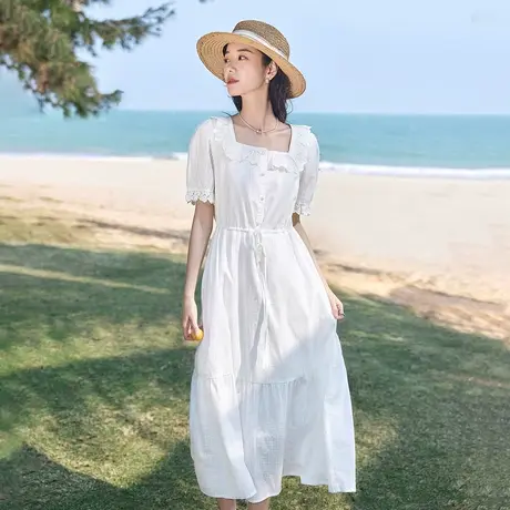 茵曼法式文艺连衣裙2023夏女装新款荷叶边方领泡泡袖绑带收腰裙子图片